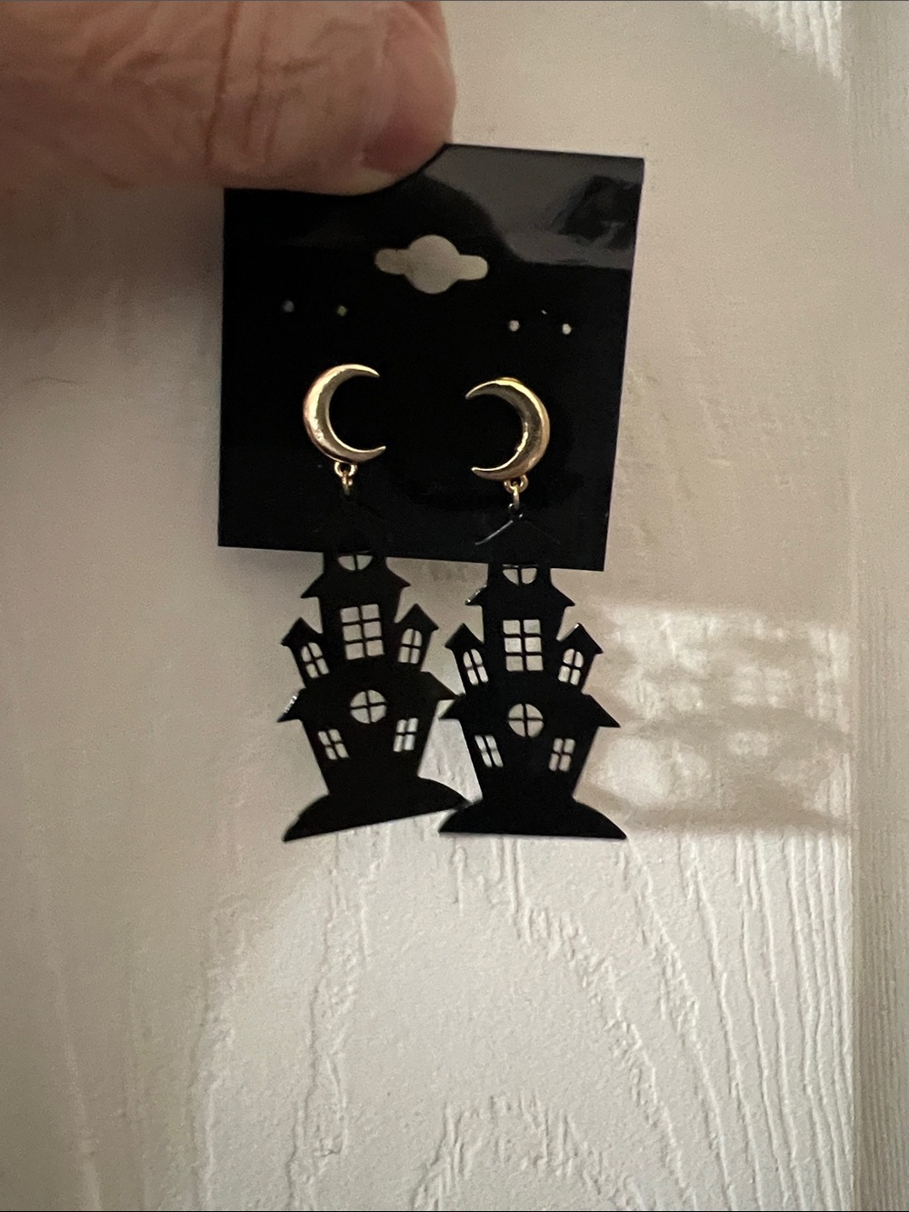 New Gold Crescent & Black Haunted House Wall Decor Earrings